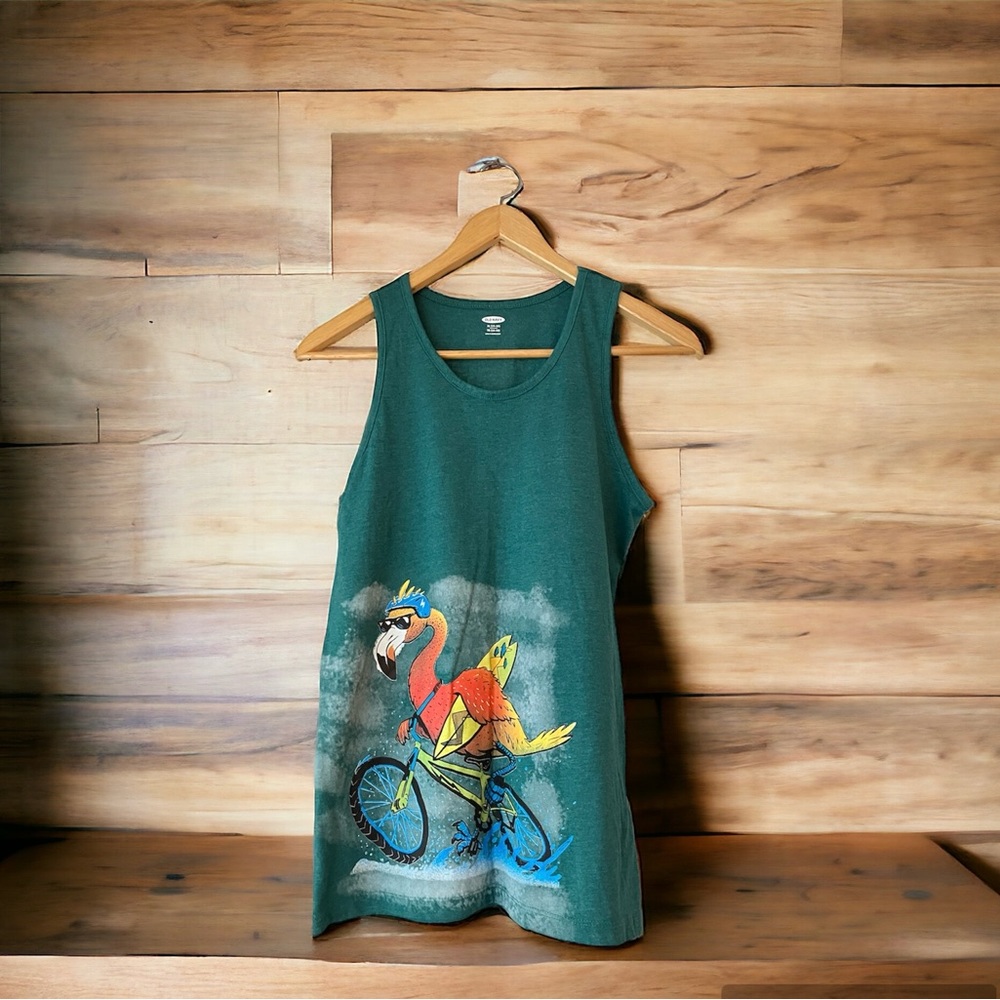 Old Navy Green Pink Flamingo Bicycle Ocean Side Tank Top - Kids Size XL Beach